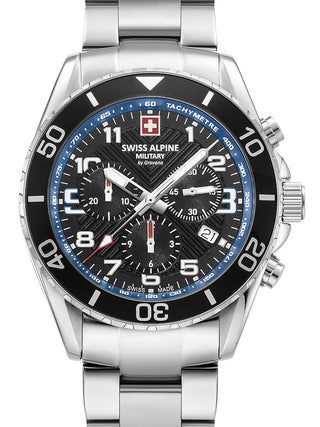 Front view of Swiss Alpine Military Chronograph 7029.9135 Black Dial Silver Stainless Steel Unisex Watch on white background