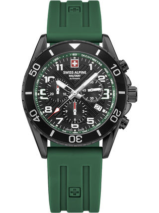 Angle shot of Swiss Alpine Military Chronograph 7029.9874 Black Dial Green Silicone Unisex Watch on white background