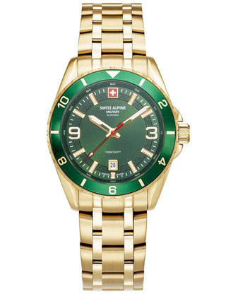 Angle shot of Swiss Alpine Military 7034.1114 Green Dial Gold Stainless Steel Unisex Watch on white background