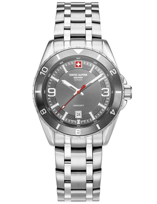 Angle shot of Swiss Alpine Military 7034.1132 Grey Dial Silver Stainless Steel Unisex Watch on white background