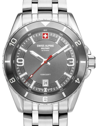 Front view of Swiss Alpine Military 7034.1132 Grey Dial Silver Stainless Steel Unisex Watch on white background