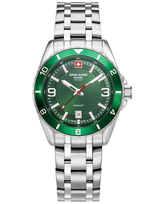 Angle shot of Swiss Alpine Military 7034.1134 Green Dial Silver Stainless Steel Unisex Watch on white background