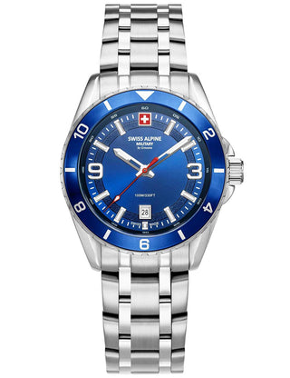 Angle shot of Swiss Alpine Military 7034.1135 Blue Dial Silver Stainless Steel Unisex Watch on white background