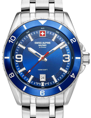 Front view of Swiss Alpine Military 7034.1135 Blue Dial Silver Stainless Steel Unisex Watch on white background