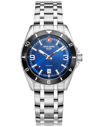 Angle shot of Swiss Alpine Military 7034.1136 Blue Dial Silver Stainless Steel Unisex Watch on white background
