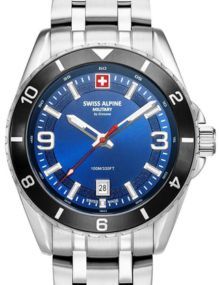 Front view of Swiss Alpine Military 7034.1136 Blue Dial Silver Stainless Steel Unisex Watch on white background