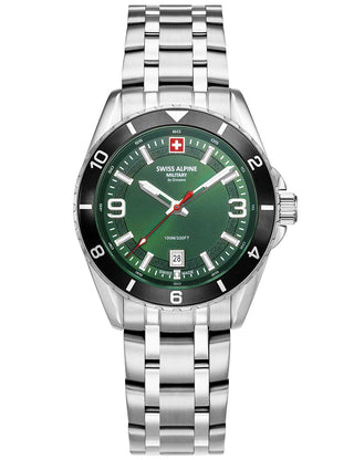 Angle shot of Swiss Alpine Military 7034.1138 Green Dial Silver Stainless Steel Unisex Watch on white background