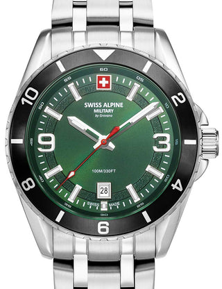 Front view of Swiss Alpine Military 7034.1138 Green Dial Silver Stainless Steel Unisex Watch on white background