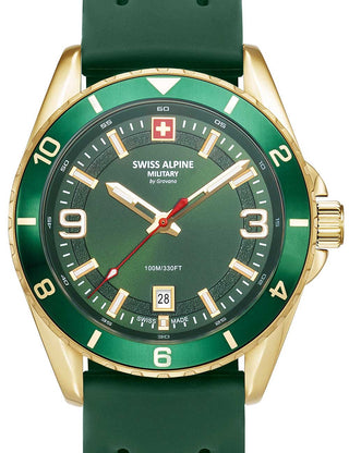 Front view of Swiss Alpine Military 7034.1814 Green Silicone Unisex Watch on white background