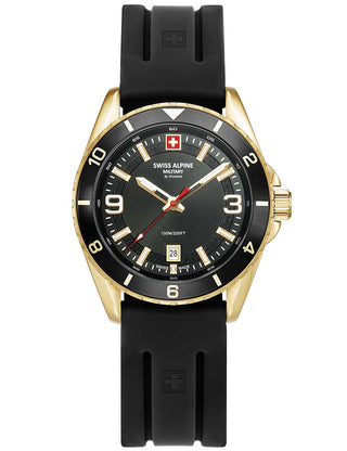 Angle shot of Swiss Alpine Military 7034.1817 Black Silicone Unisex Watch on white background