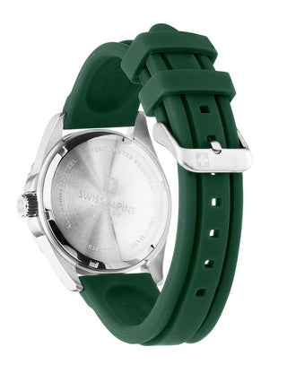 Angle shot of Swiss Alpine Military 7034.1834 Green Silicone Unisex Watch on white background