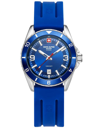 Angle shot of Swiss Alpine Military 7034.1835 Blue Silicone Unisex Watch on white background