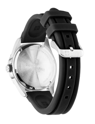 Angle shot of Swiss Alpine Military 7034.1837 Black Silicone Unisex Watch on white background