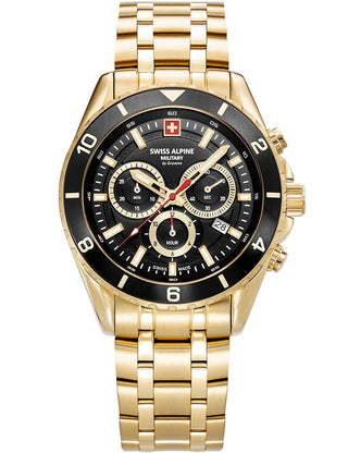 Front view of Swiss Alpine Military Chronograph 7034.9117 Black Dial Gold Stainless Steel Unisex Watch on white background