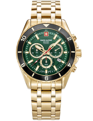 Front view of Swiss Alpine Military Chronograph 7034.9118 Green Dial Gold Stainless Steel Unisex Watch on white background