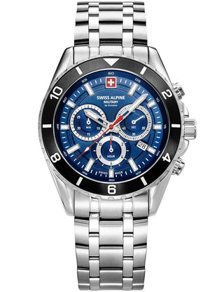 Front view of Swiss Alpine Military Chronograph 7034.9136 Blue Dial Silver Stainless Steel Unisex Watch on white background