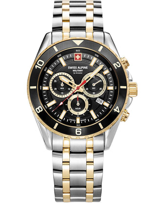 Front view of Swiss Alpine Military Chronograph 7034.9147 Black Dial Gold Stainless Steel Unisex Watch on white background