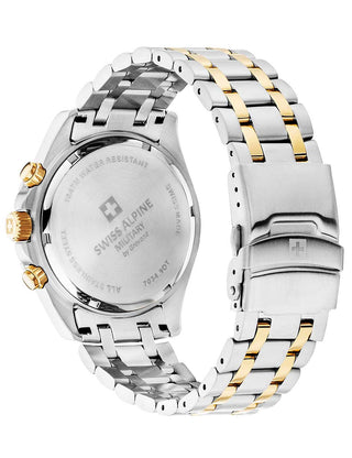 Angle shot of Swiss Alpine Military Chronograph 7034.9147 Black Dial Gold Stainless Steel Unisex Watch on white background