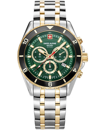 Front view of Swiss Alpine Military Chronograph 7034.9148 Green Dial Gold Stainless Steel Unisex Watch on white background
