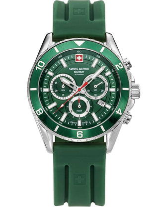 Front view of Swiss Alpine Military Chronograph 7034.9834 Green Silicone Unisex Watch on white background