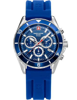 Front view of Swiss Alpine Military Chronograph 7034.9835 Blue Silicone Unisex Watch on white background