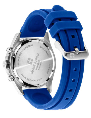 Angle shot of Swiss Alpine Military Chronograph 7034.9835 Blue Silicone Unisex Watch on white background