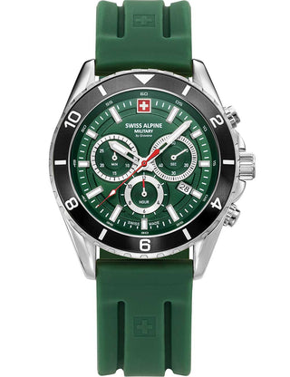 Front view of Swiss Alpine Military Chronograph 7034.9838 Green Silicone Unisex Watch on white background