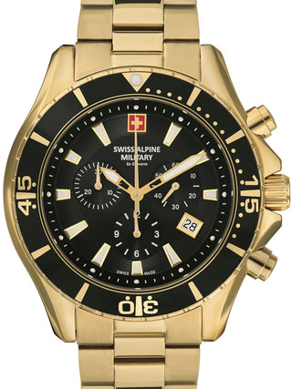 Front view of Swiss Alpine Military Chronograph 7040.9117 Black Dial Gold Stainless Steel Unisex Watch on white background