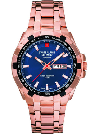 Angle shot of Swiss Alpine Military 7043.1165 Blue Dial Rose Gold Stainless Steel Unisex Watch on white background