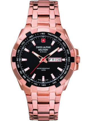 Angle shot of Swiss Alpine Military 7043.1167 Black Dial Rose Gold Stainless Steel Unisex Watch on white background