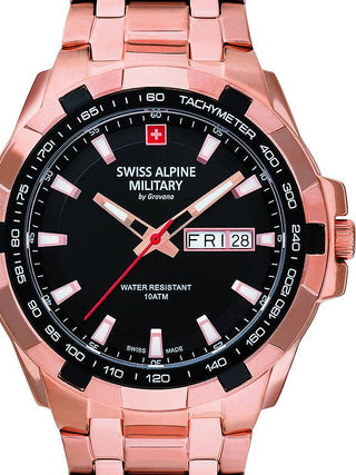 Front view of Swiss Alpine Military 7043.1167 Black Dial Rose Gold Stainless Steel Unisex Watch on white background