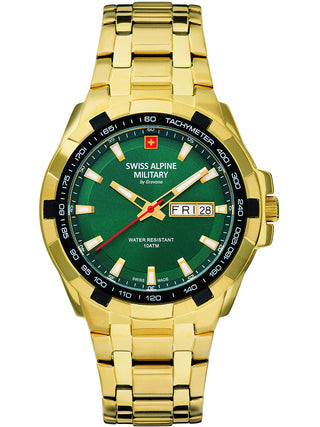 Angle shot of Swiss Alpine Military 7043.1114 Green Dial Gold Stainless Steel Unisex Watch on white background