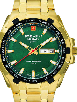 Front view of Swiss Alpine Military 7043.1114 Green Dial Gold Stainless Steel Unisex Watch on white background