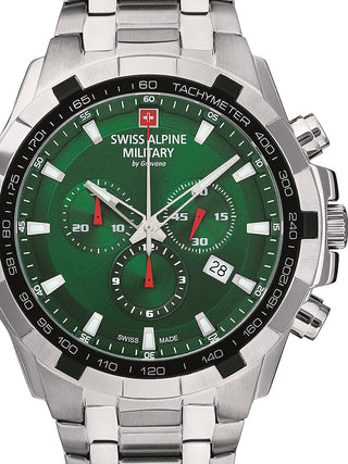 Front view of Swiss Alpine Military Chronograph 7043.9134 Green Dial Silver Stainless Steel Unisex Watch on white background