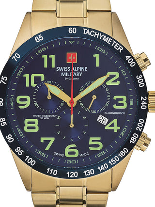 Front view of Swiss Alpine Military Chronograph 7047.9115 Blue Dial Gold Stainless Steel Unisex Watch on white background