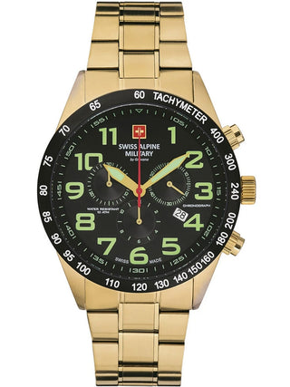 Angle shot of Swiss Alpine Military Chronograph 7047.9117 Black Dial Gold Stainless Steel Unisex Watch on white background