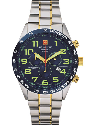 Angle shot of Swiss Alpine Military Chronograph 7047.9145 Blue Dial Gold Stainless Steel Unisex Watch on white background