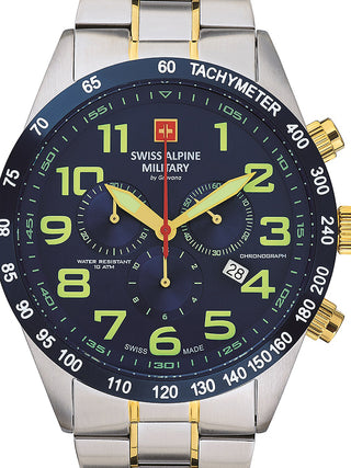 Front view of Swiss Alpine Military Chronograph 7047.9145 Blue Dial Gold Stainless Steel Unisex Watch on white background