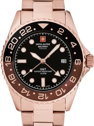 Front view of Swiss Alpine Military 7052.1164 Black Dial Rose Gold Stainless Steel Unisex Watch on white background