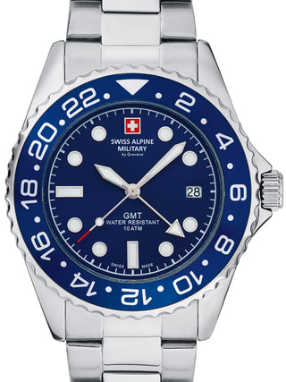 Front view of Swiss Alpine Military 7052.1135 Blue Dial Silver Stainless Steel Unisex Watch on white background