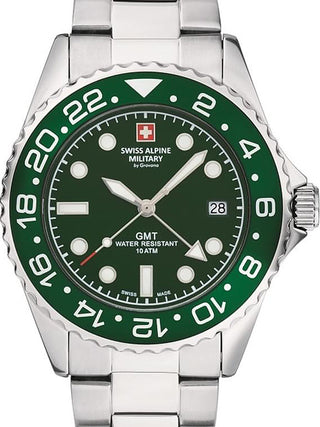 Front view of Swiss Alpine Military 7052.1134 Green Dial Silver Stainless Steel Unisex Watch on white background