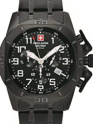 Front view of Swiss Alpine Military Chronograph 7063.9177 Black Stainless Steel Unisex Watch on white background