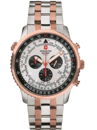 Angle shot of Swiss Alpine Military Chronograph 7078.9152 Silver Dial Rose Gold Stainless Steel Unisex Watch on white background