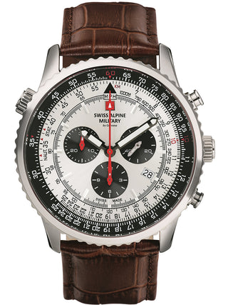 Angle shot of Swiss Alpine Military Chronograph 7078.9532 Silver Dial Brown Leather Unisex Watch on white background