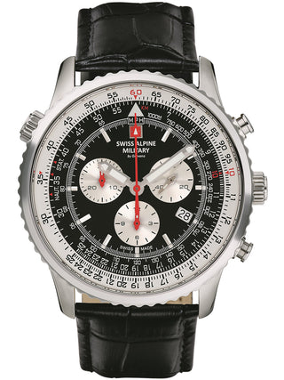 Angle shot of Swiss Alpine Military Chronograph 7078.9537 Black Leather Unisex Watch on white background