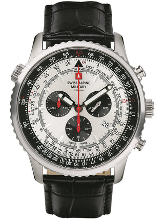 Angle shot of Swiss Alpine Military Chronograph 7078.9538 Silver Dial Black Leather Unisex Watch on white background
