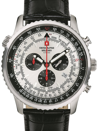 Front view of Swiss Alpine Military Chronograph 7078.9538 Silver Dial Black Leather Unisex Watch on white background