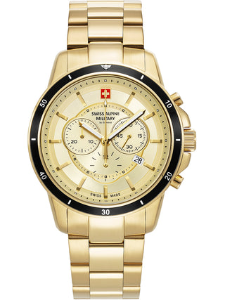 Angle shot of Swiss Alpine Military Chronograph 7089.9111 Gold Stainless Steel Unisex Watch on white background