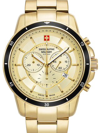 Front view of Swiss Alpine Military Chronograph 7089.9111 Gold Stainless Steel Unisex Watch on white background