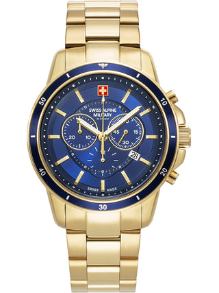 Angle shot of Swiss Alpine Military Chronograph 7089.9115 Blue Dial Gold Stainless Steel Unisex Watch on white background